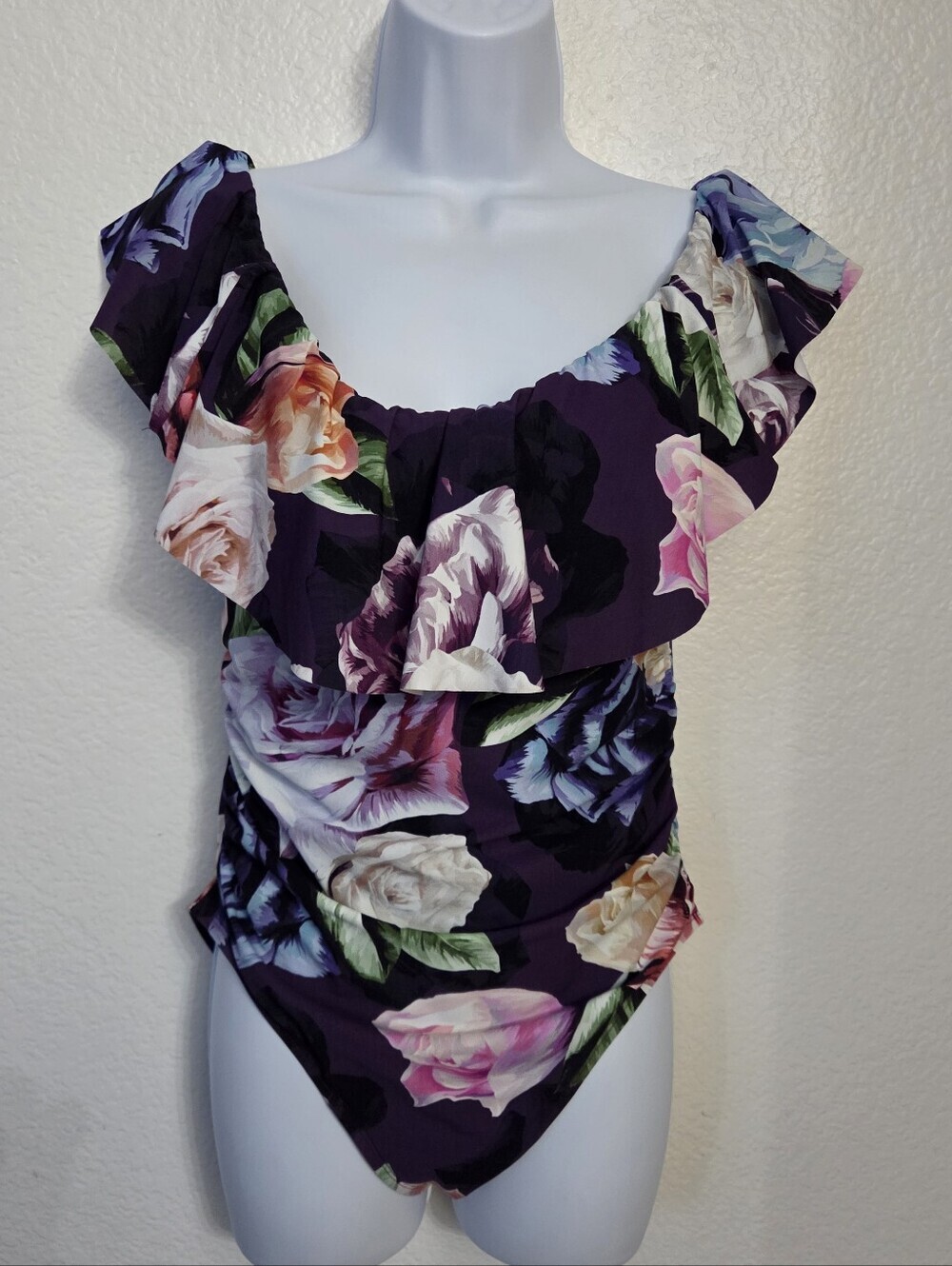 La Blanca Ruffle Off-The-Shoulder One-Piece Swimsuit Size 12 Purple Floral
